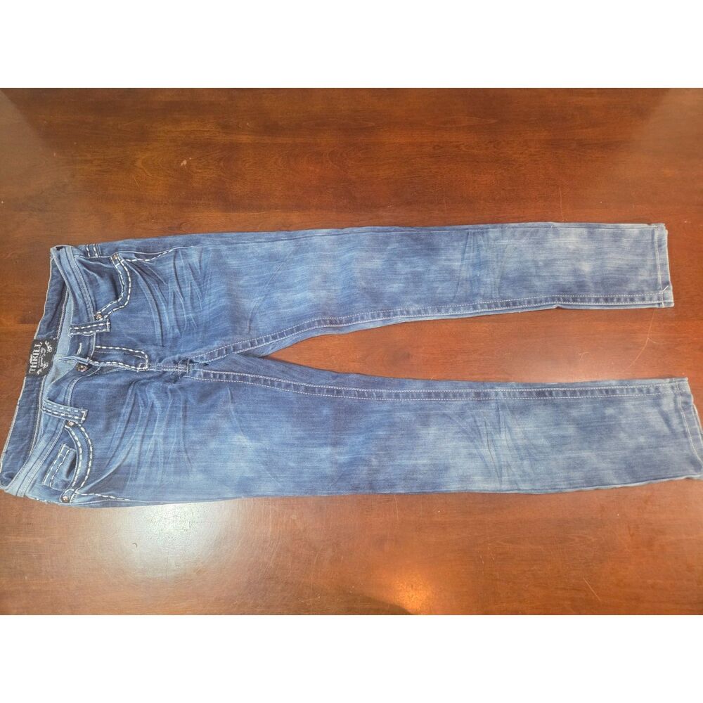 Women’s THRILL Jeans Size 5 Blue Distressed Bootcut Contrast Stitch Denim